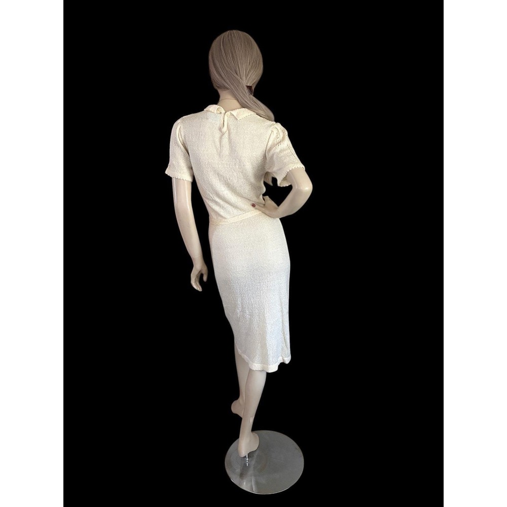 Vintage Knit Dress Cream Floral Embroidered Pointelle Cottagecore Small - Picture 8 of 10